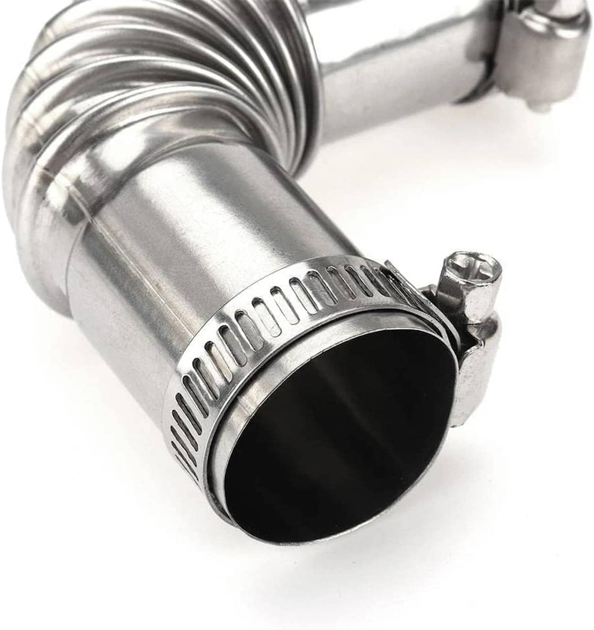 Stainless steel exhaust elbow with corrugated flex, grooved clamp band details