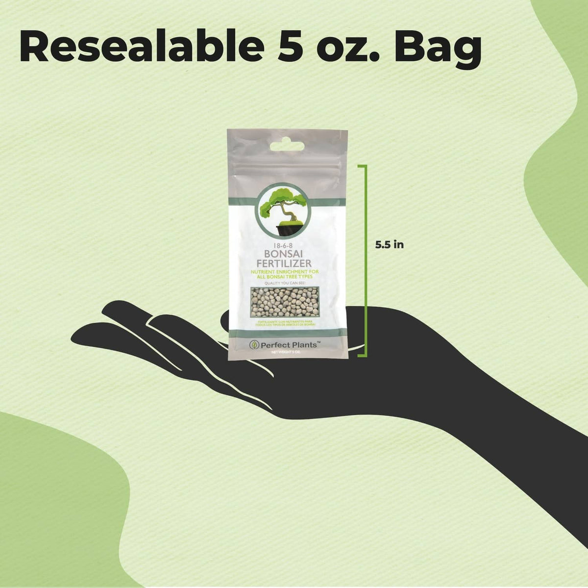 Resealable 5 oz bonsai fertilizer pellets bag with hand size graphic