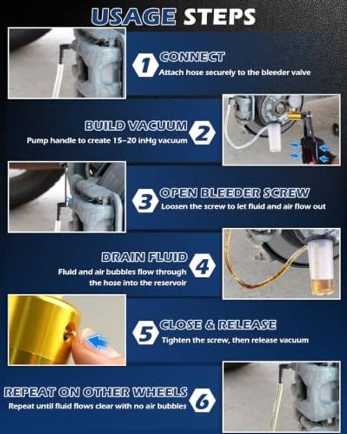 Brake bleeder kit components with vacuum pump, hoses, and bleeder screw