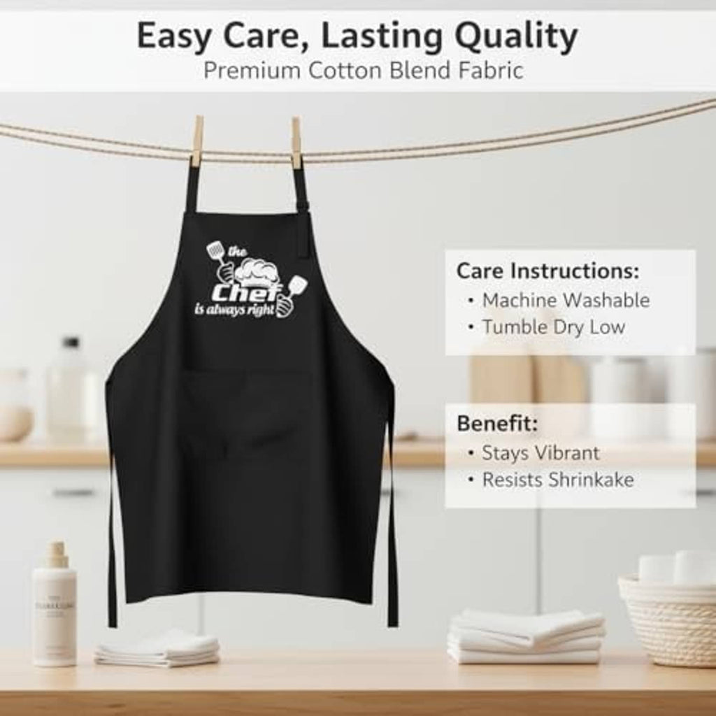 Black chef apron on a hanger with attached plaid towel and front pocket