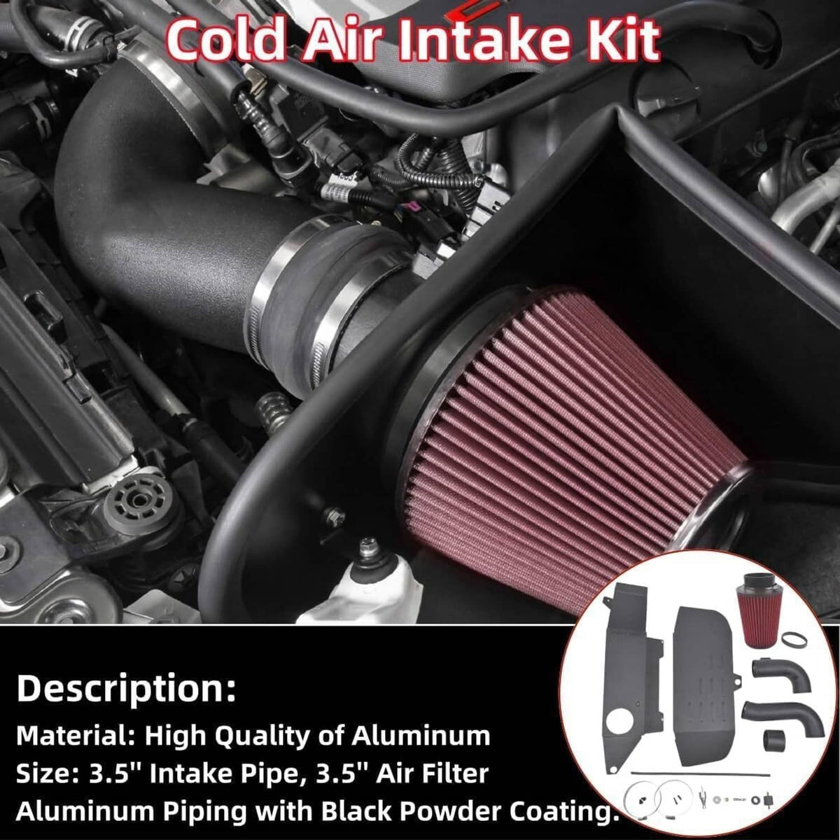 Cold air intake kit installed in engine bay with black hoses and red pleated filter