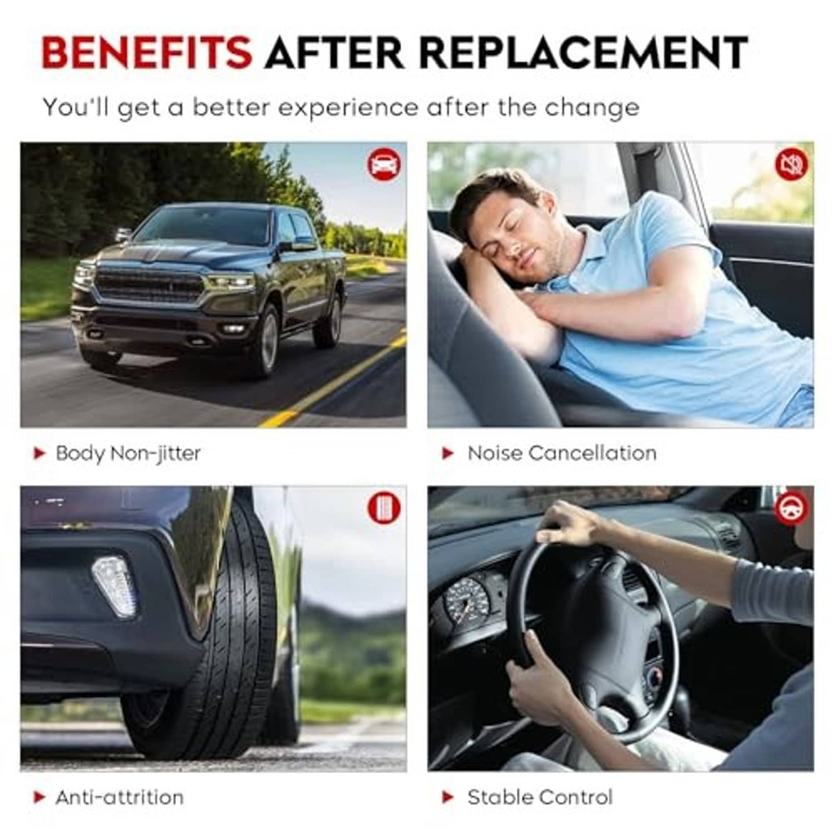 Replacement benefits graphic featuring a front upper control arm for stable steering.