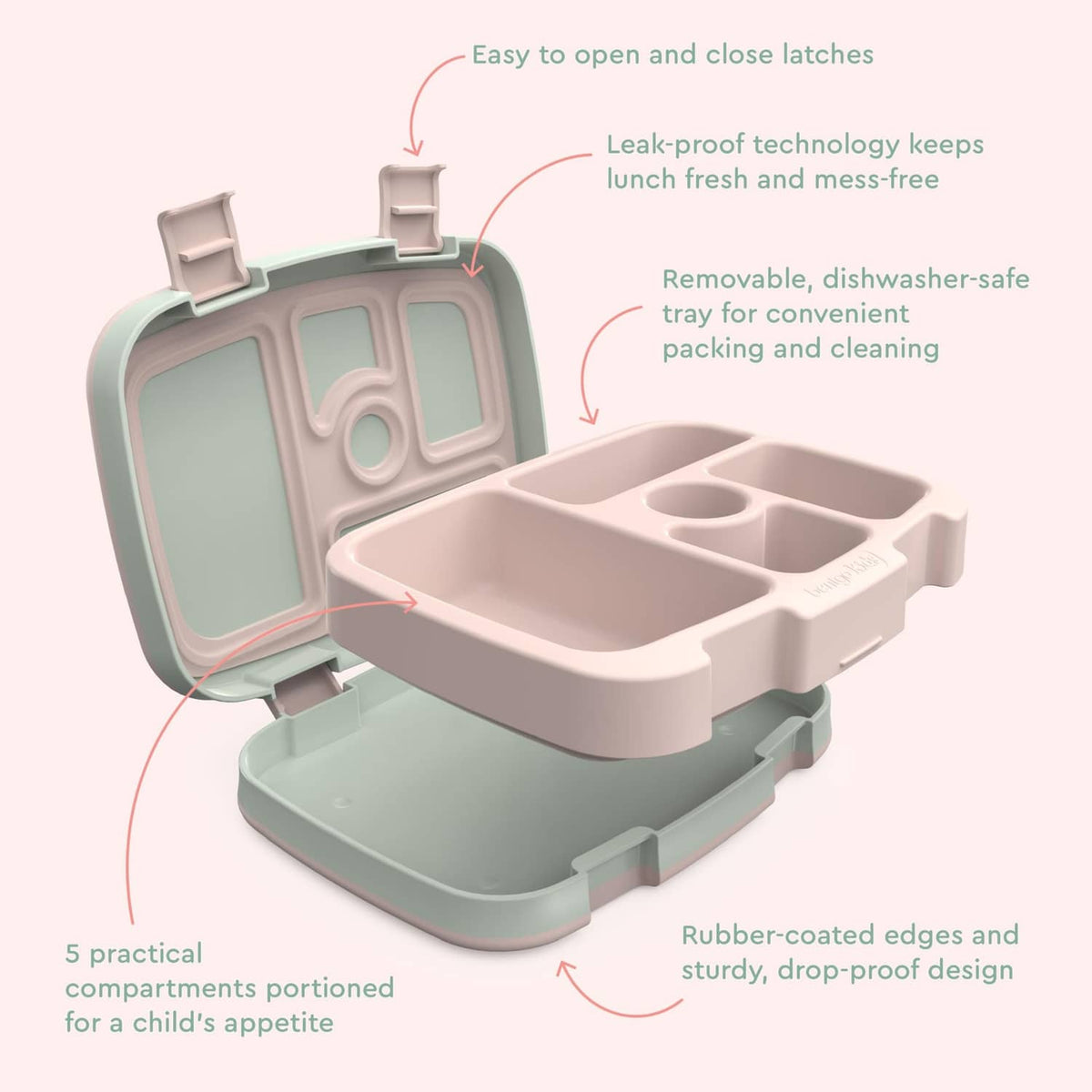 Bentgo kids leak-proof lunch box with removable tray, pastel mint and pink