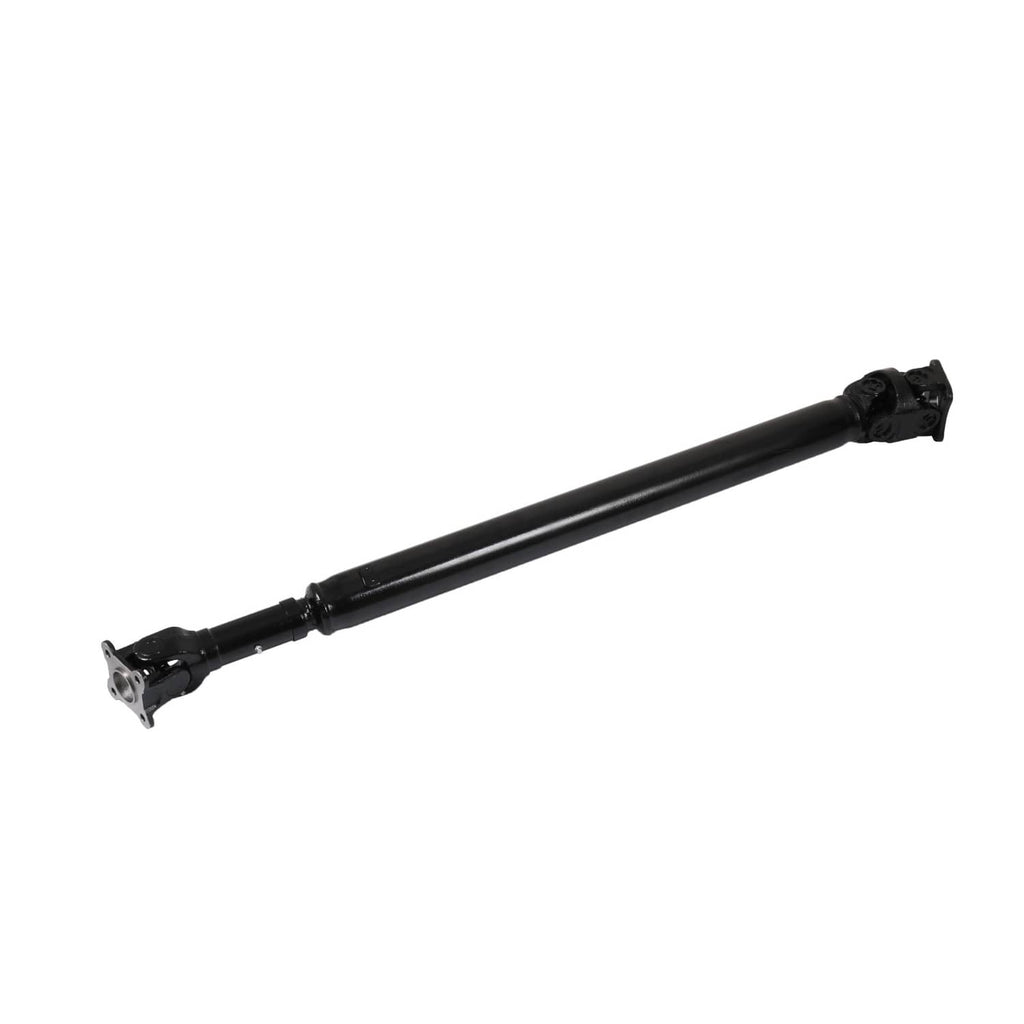 Rear drive shaft assembly with black driveshaft tube and flange end, angled view