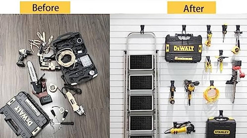 Slatwall hooks organizing garage tools on a pegboard-style wall