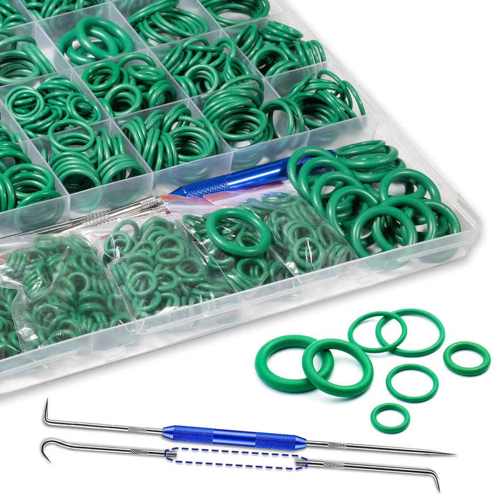 Green O-rings in clear tray with two metal pick tools, blue handles