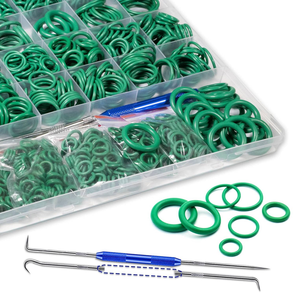 Green O-rings in clear tray with two metal pick tools, blue handles