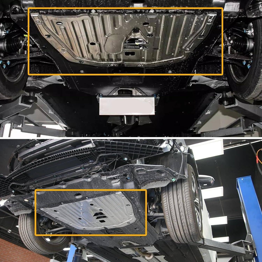Silver engine splash guard installed under the front of the car, side and close views