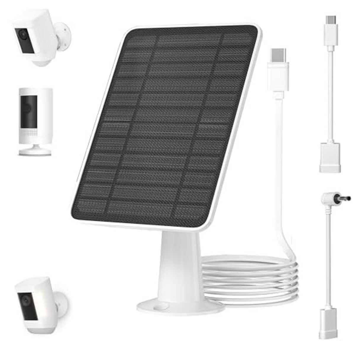 Solar panel charger with dark grid panel on white stand, cable and plug accessories