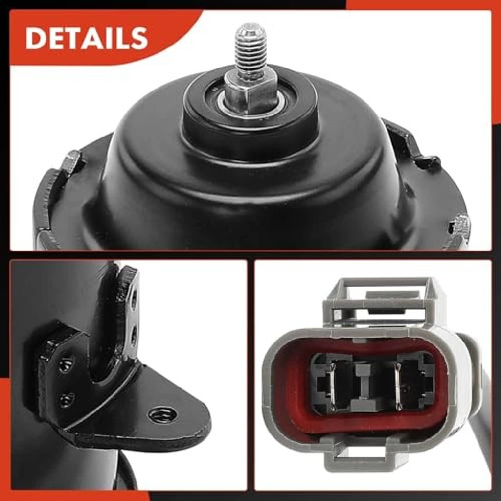 Radiator fan motor detail views: mounting bracket and wiring connector plug