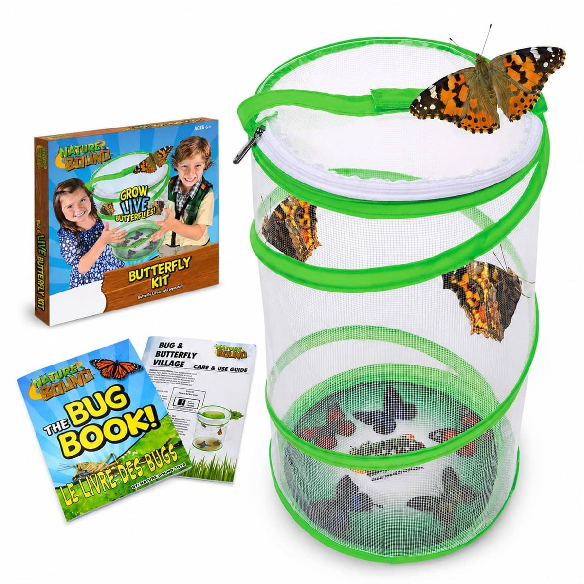 Butterfly growing kit with green mesh habitat container and included kit box and bug book.