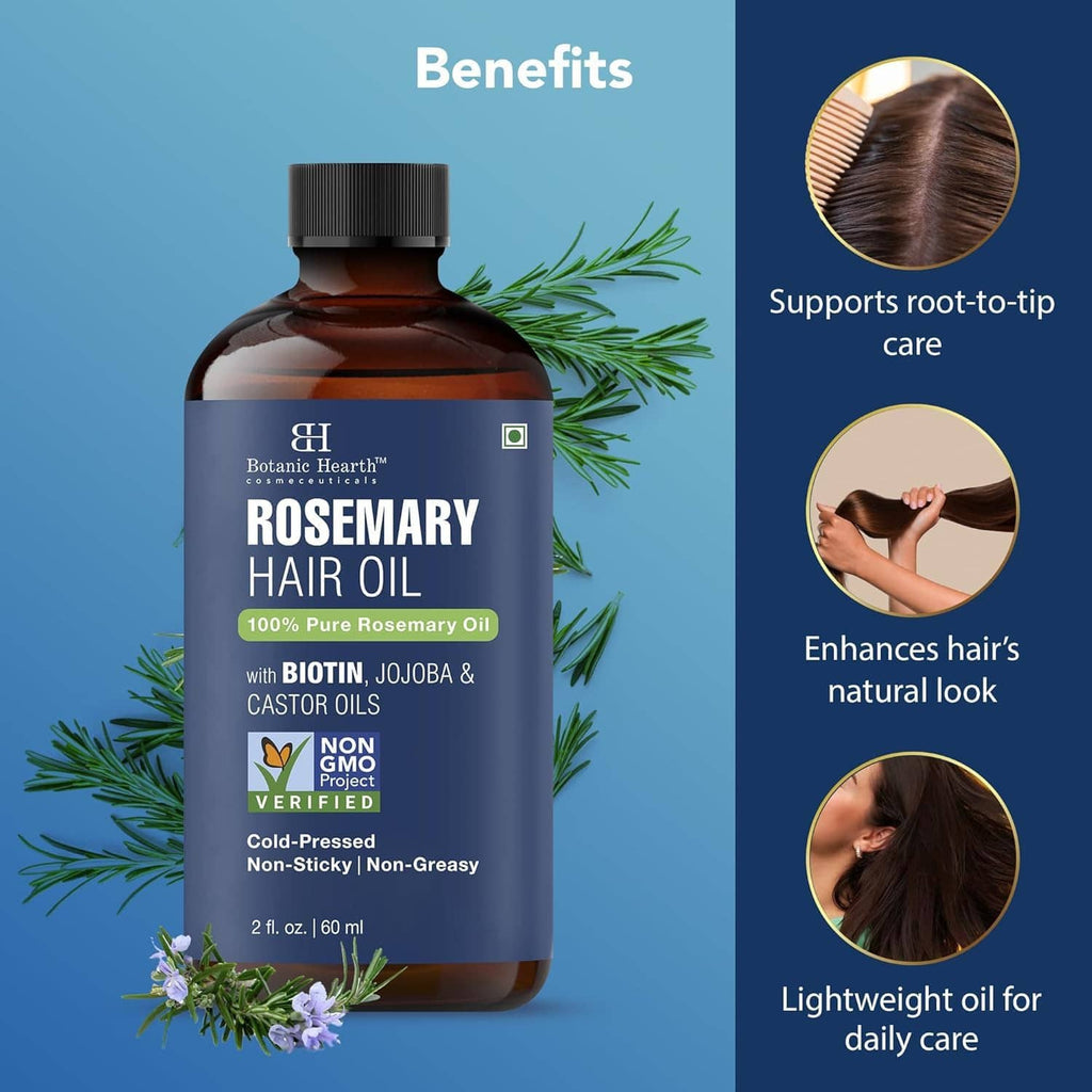 Rosemary hair oil bottle with black cap, botanicals around it, and dropper applicator