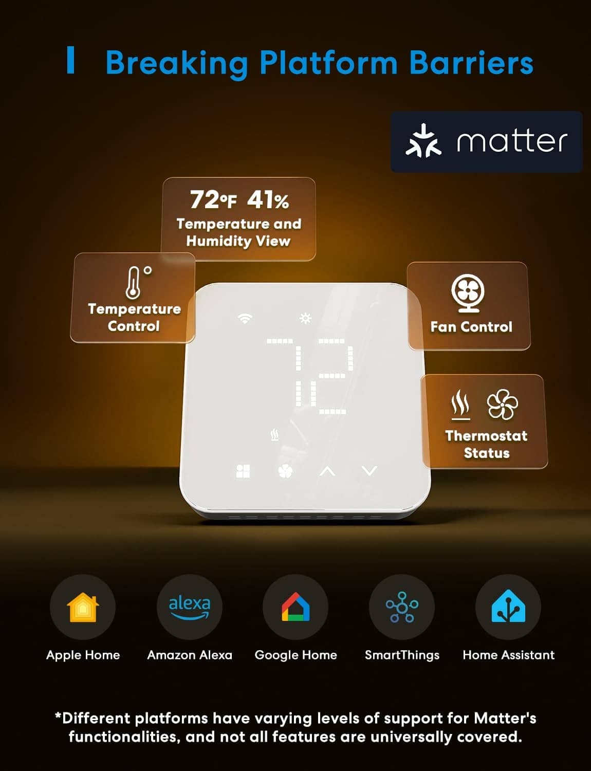 White smart thermostat hub with temperature and fan control icons