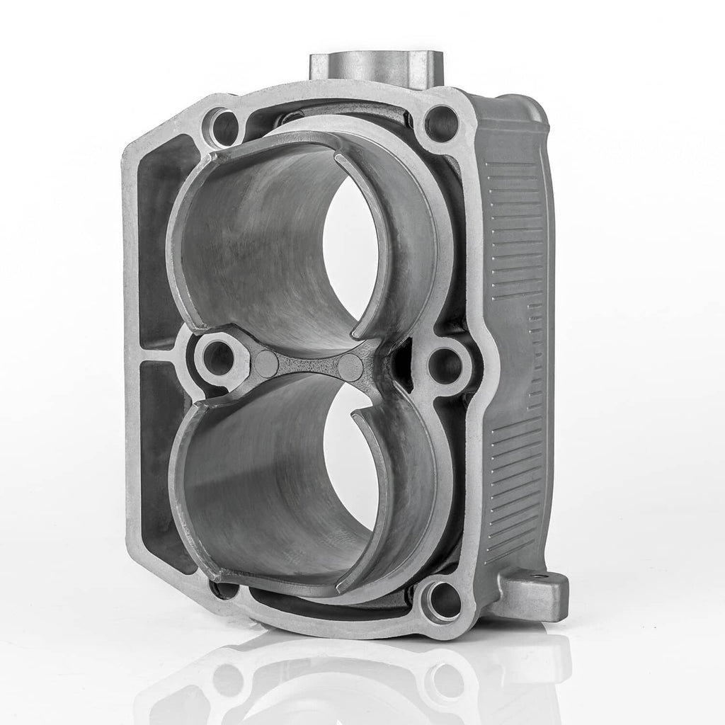 Engine cylinder block with two bores and piston skirt, front view of top end assembly.