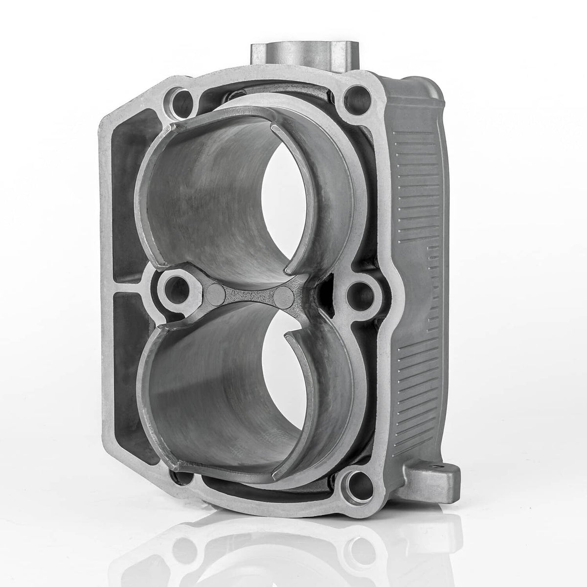 Engine cylinder block with two bores and piston skirt, front view of top end assembly.