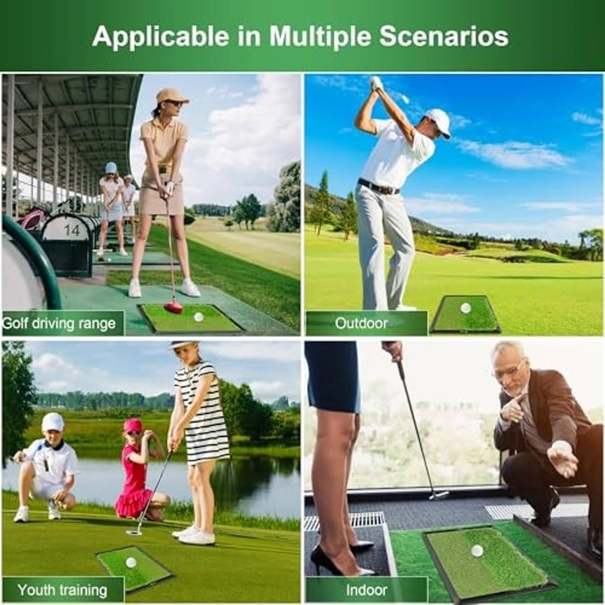 Golf hitting mat for indoor and outdoor practice with green turf surface and black rubber base
