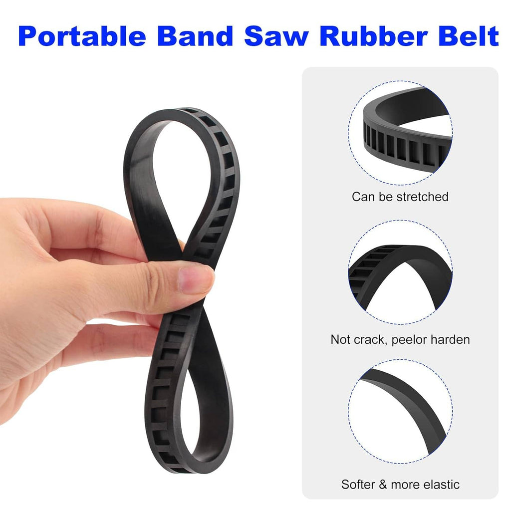 Black rubber bandsaw pulley belt being held by hand, ridged outer traction grooves