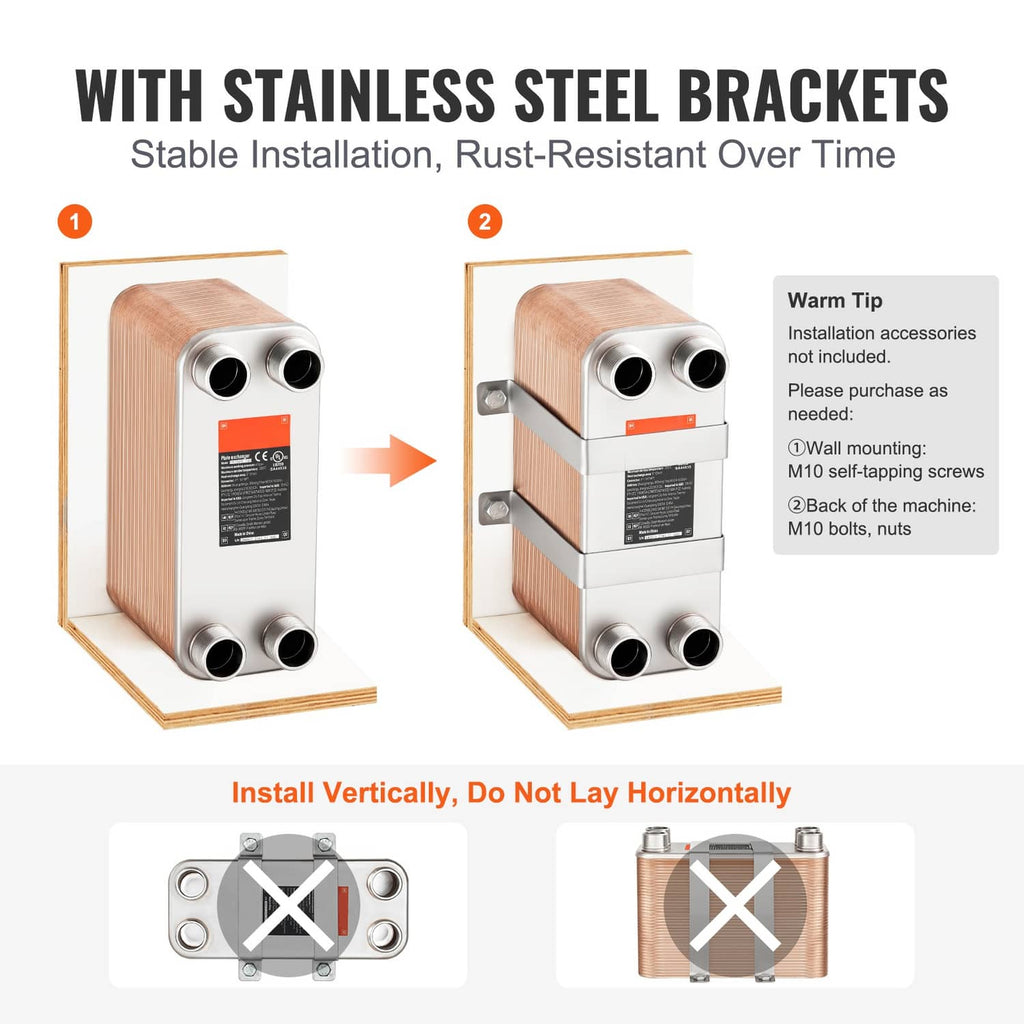 Brazed plate heat exchanger with two stainless steel mounting brackets