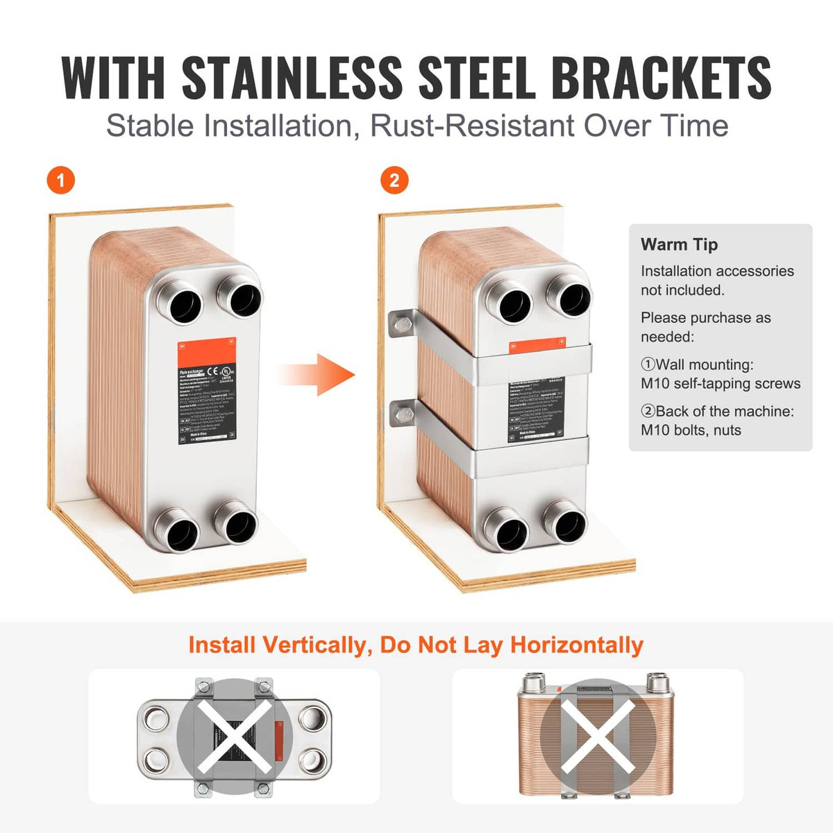 Brazed plate heat exchanger with two stainless steel mounting brackets