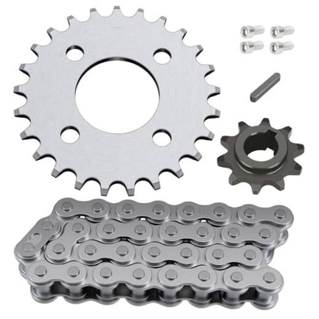 Silver 420 sprocket (25T) with 32-link roller chain and bolt hardware set