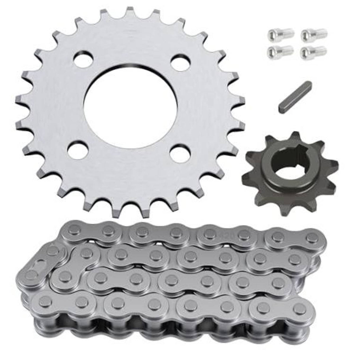 Silver 420 sprocket (25T) with 32-link roller chain and bolt hardware set