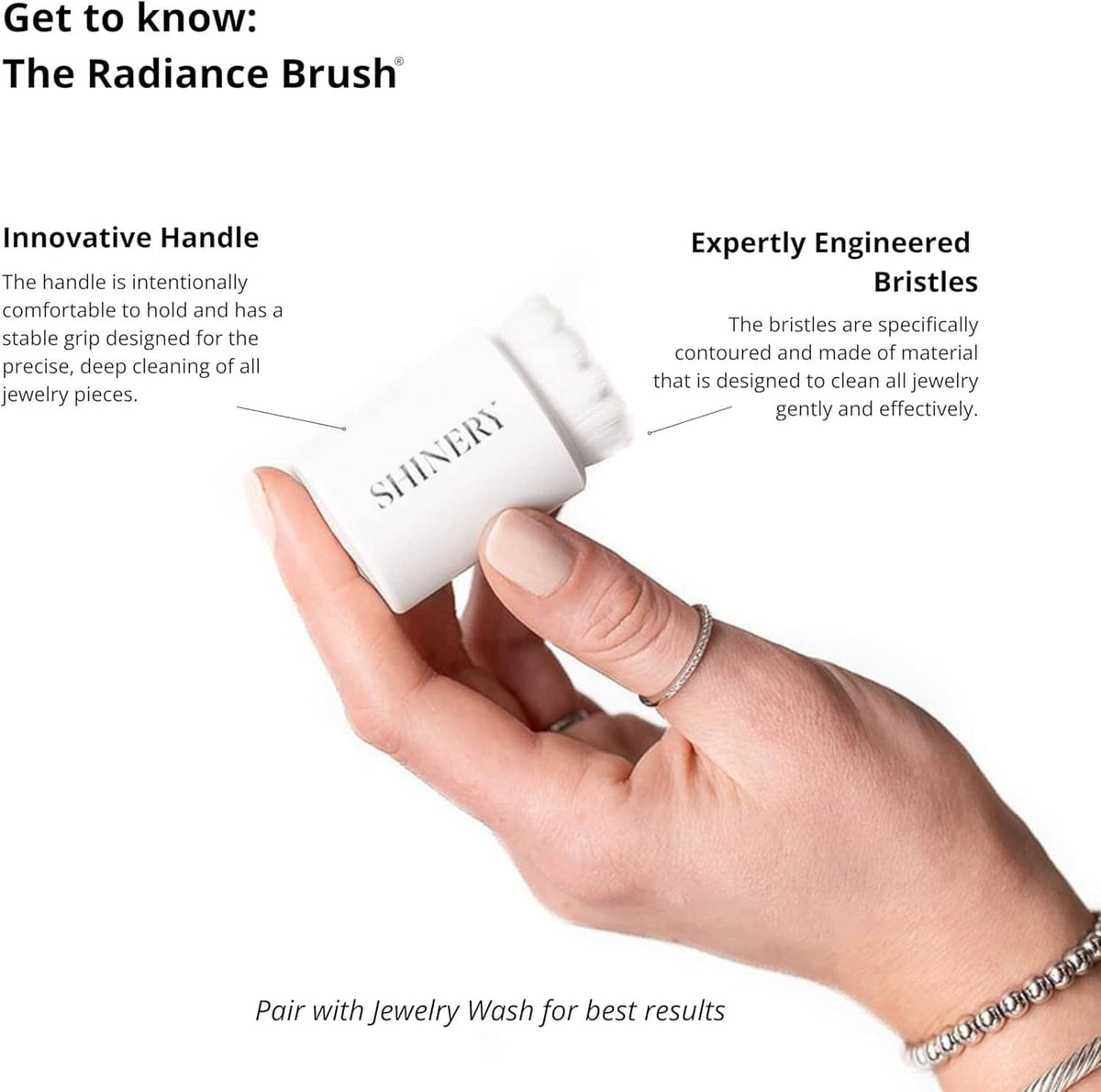 Radiance brush with innovative handle and engineered bristles, held in hand