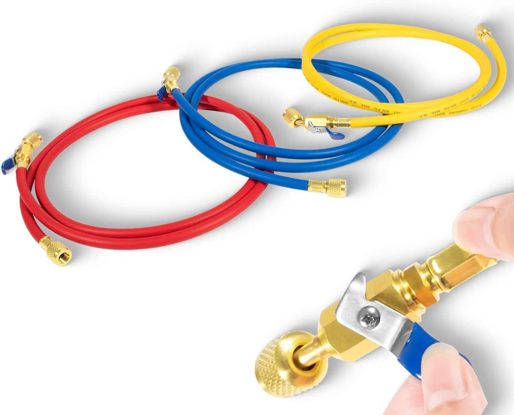 Refrigerant charging hose set with compact ball valve, blue and brass fittings, hand-held view