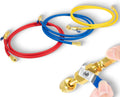 Refrigerant charging hose set with compact ball valve, blue and brass fittings, hand-held view