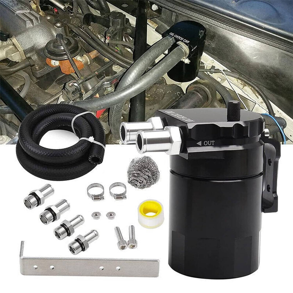 Black oil catch can reservoir with braided hose, fittings, and mounting plate in engine bay