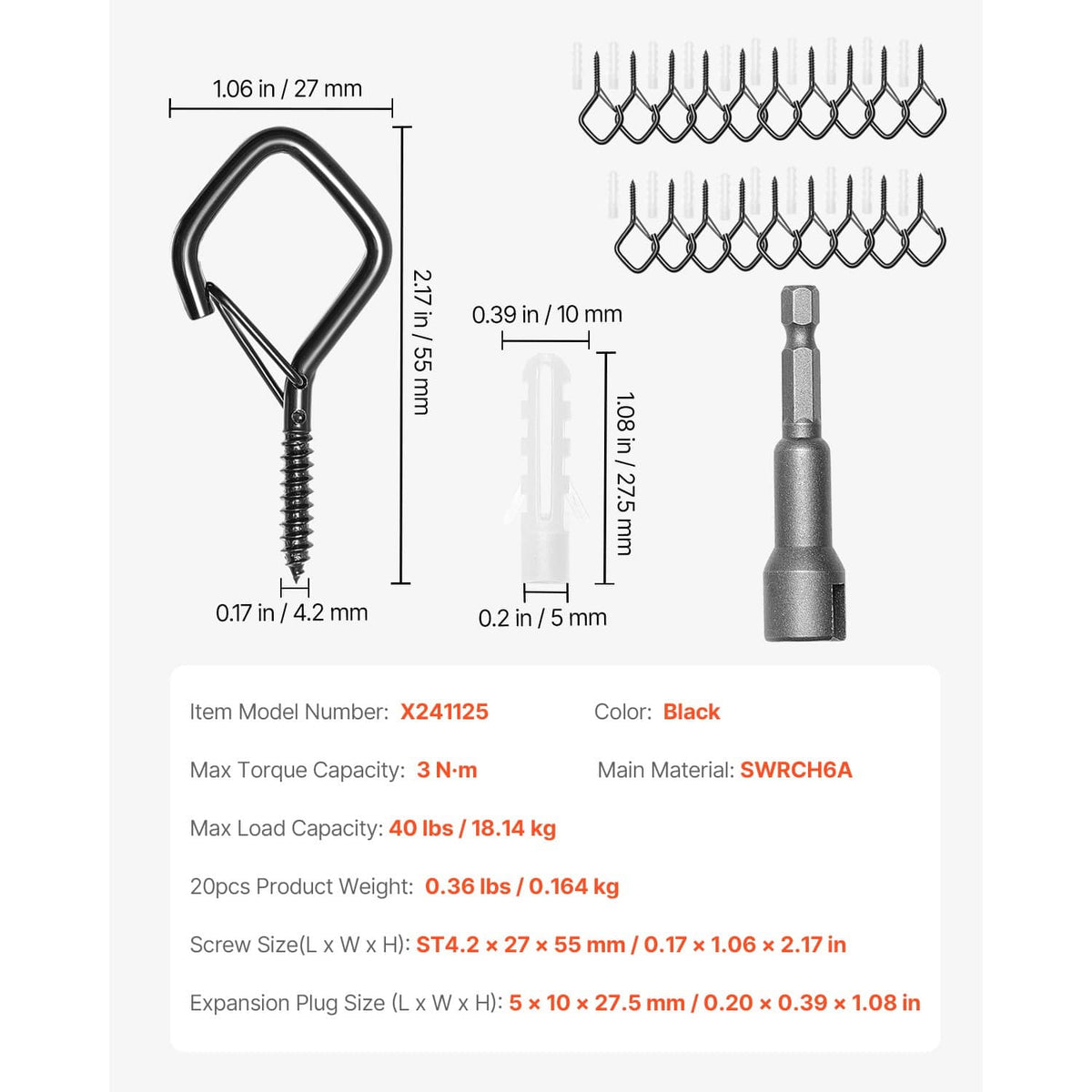 Black Q-shaped screw hook size diagram with included driver bit