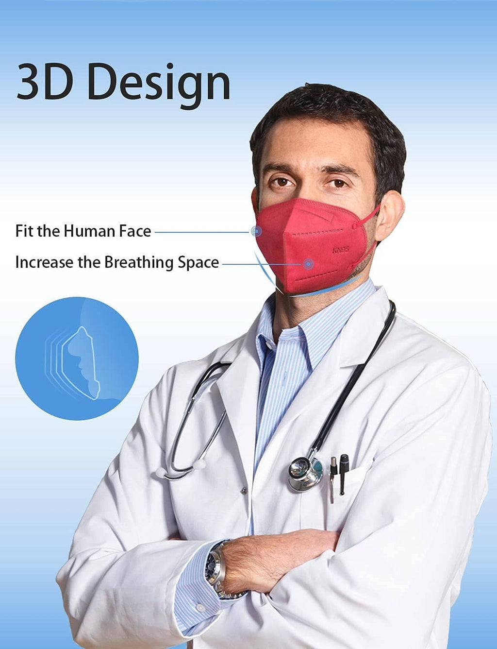 Red KN95 face mask 3D design for breathing space, worn by a person