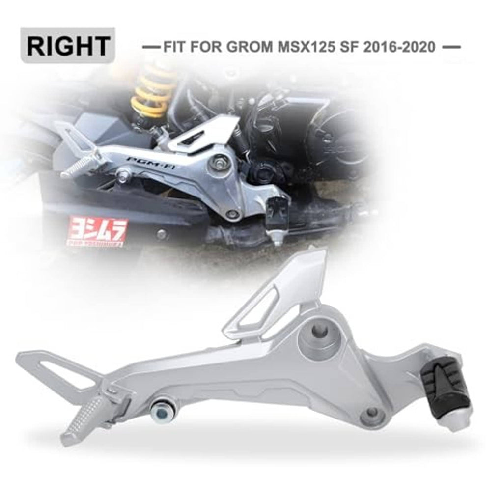Silver right-side motorcycle footrest assembly with black rubber pedal, shown installed