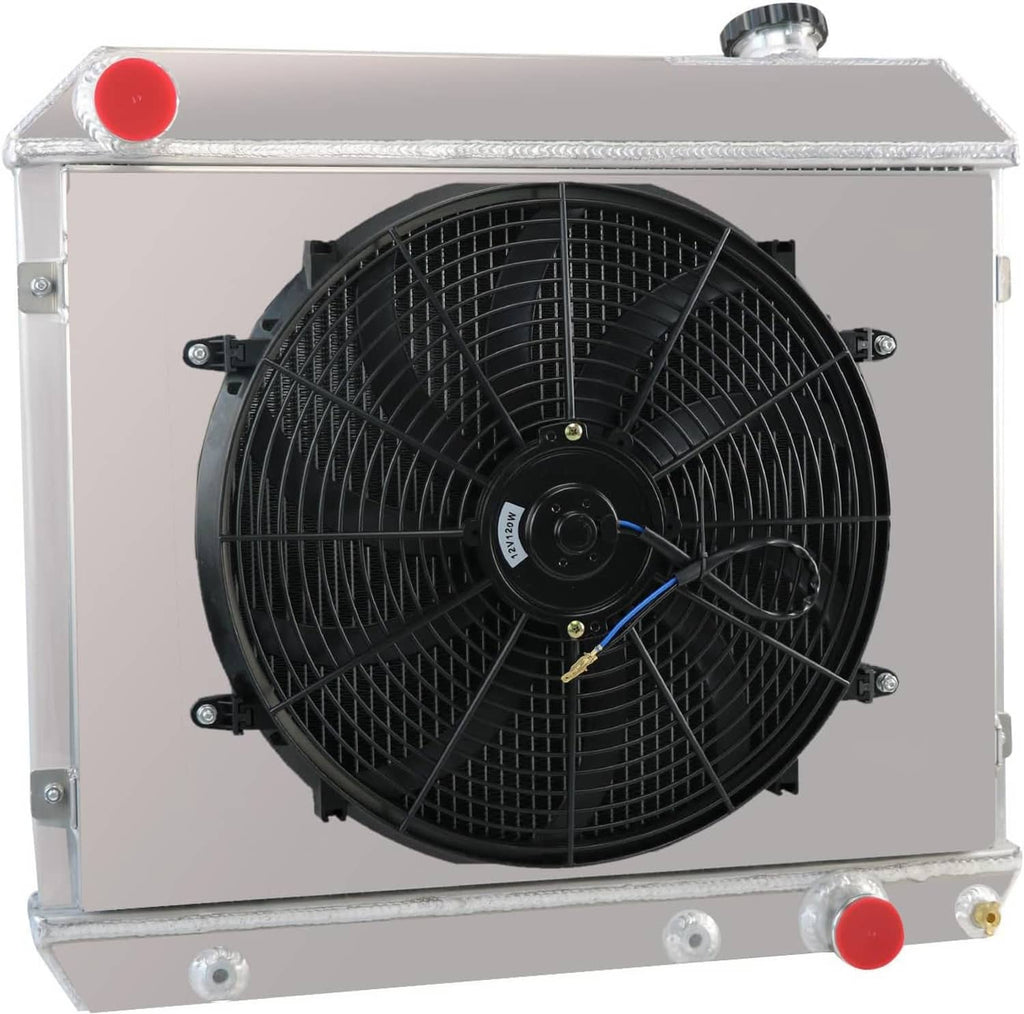 Aluminum radiator shroud with black electric fan and blue accent caps, 3-row style