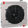 Aluminum radiator shroud with black electric fan and blue accent caps, 3-row style