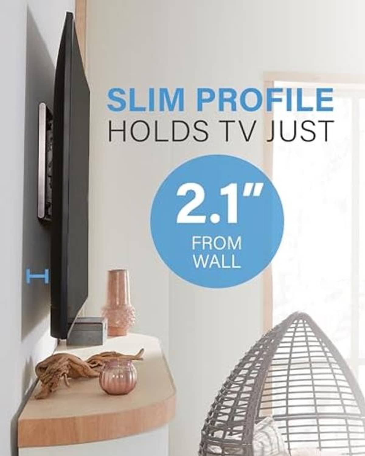 Slim black tilting TV wall mount mounted close to the wall with side bracket