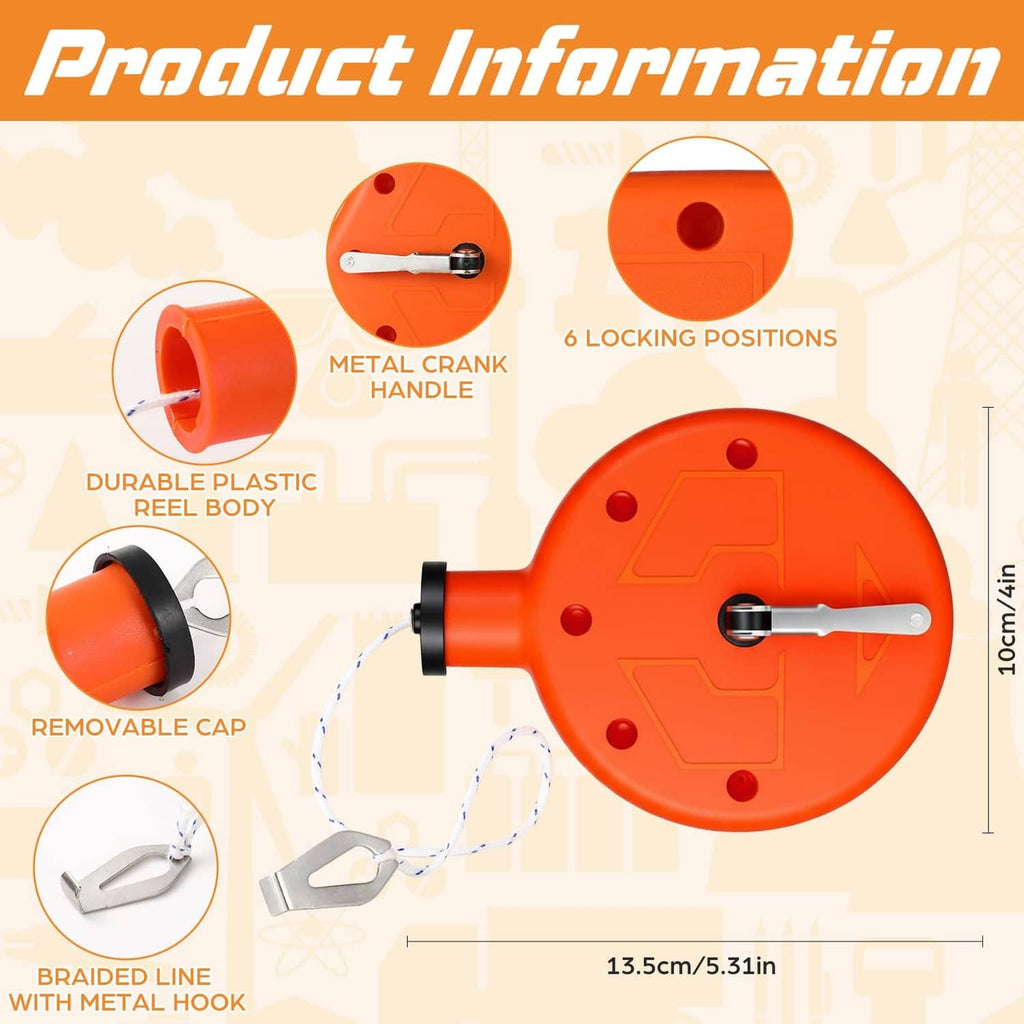 Orange chalk line reel box with metal crank handle and locking positions