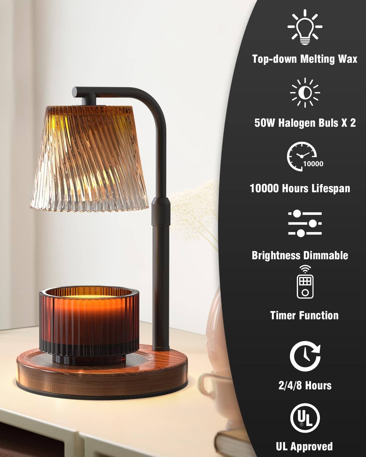 Candle warmer lamp on wood base with matte black stand, ribbed glass shade, lit candle