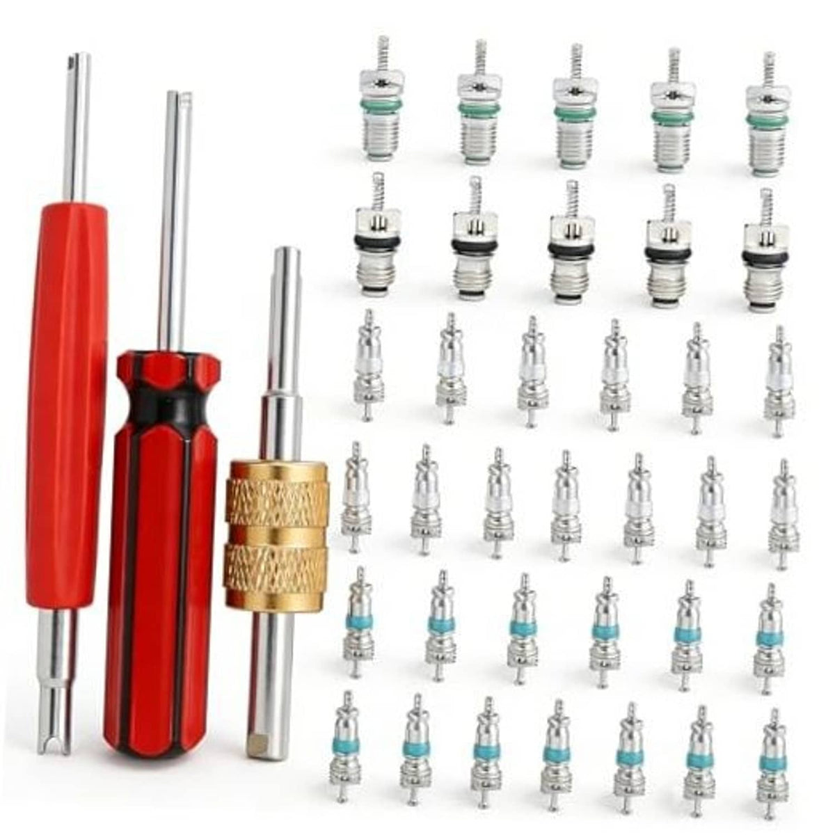 AC valve core kit with red handle core remover and assorted metal valve cores
