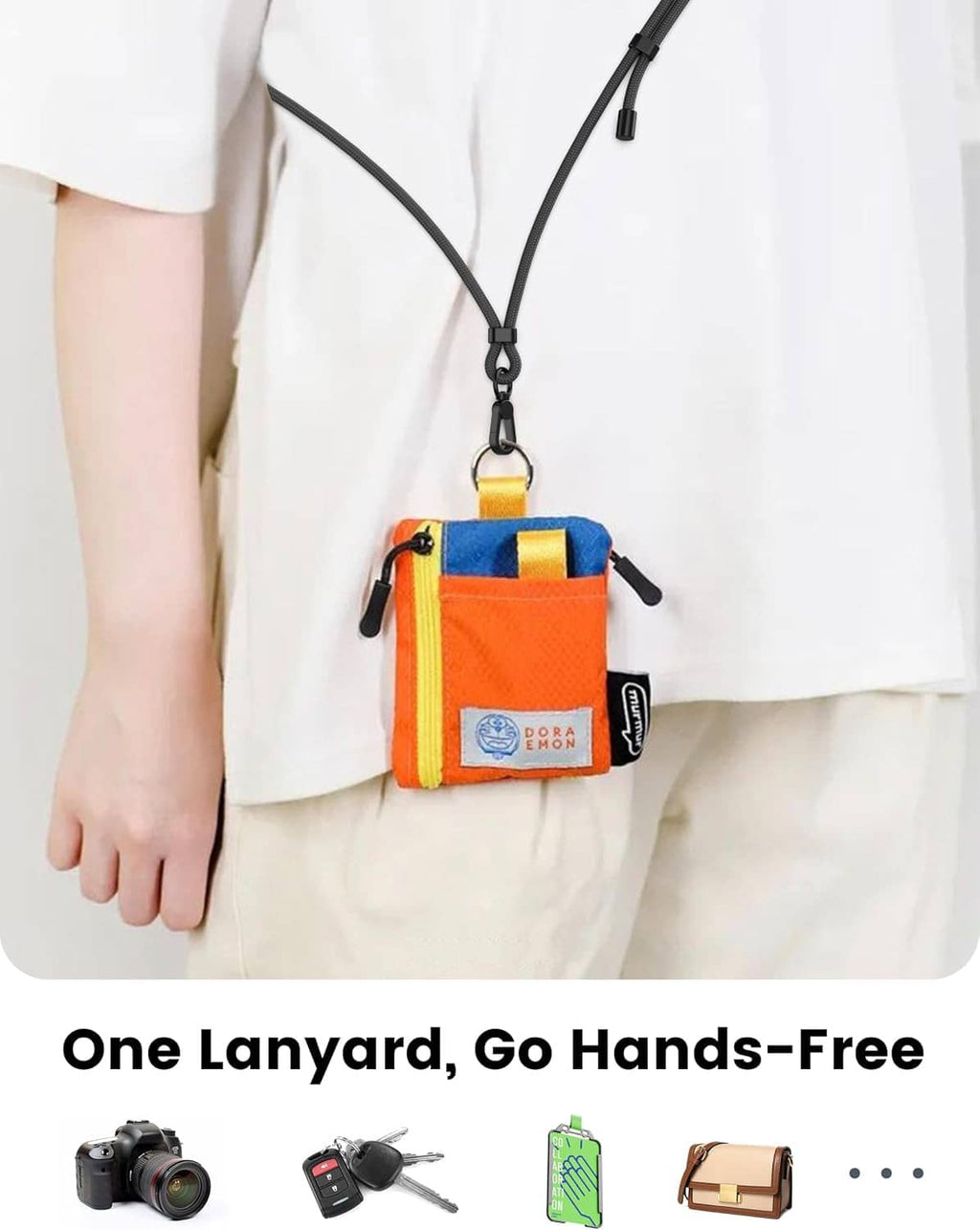 Black adjustable phone lanyard holding a small pouch using clips, hands-free wear