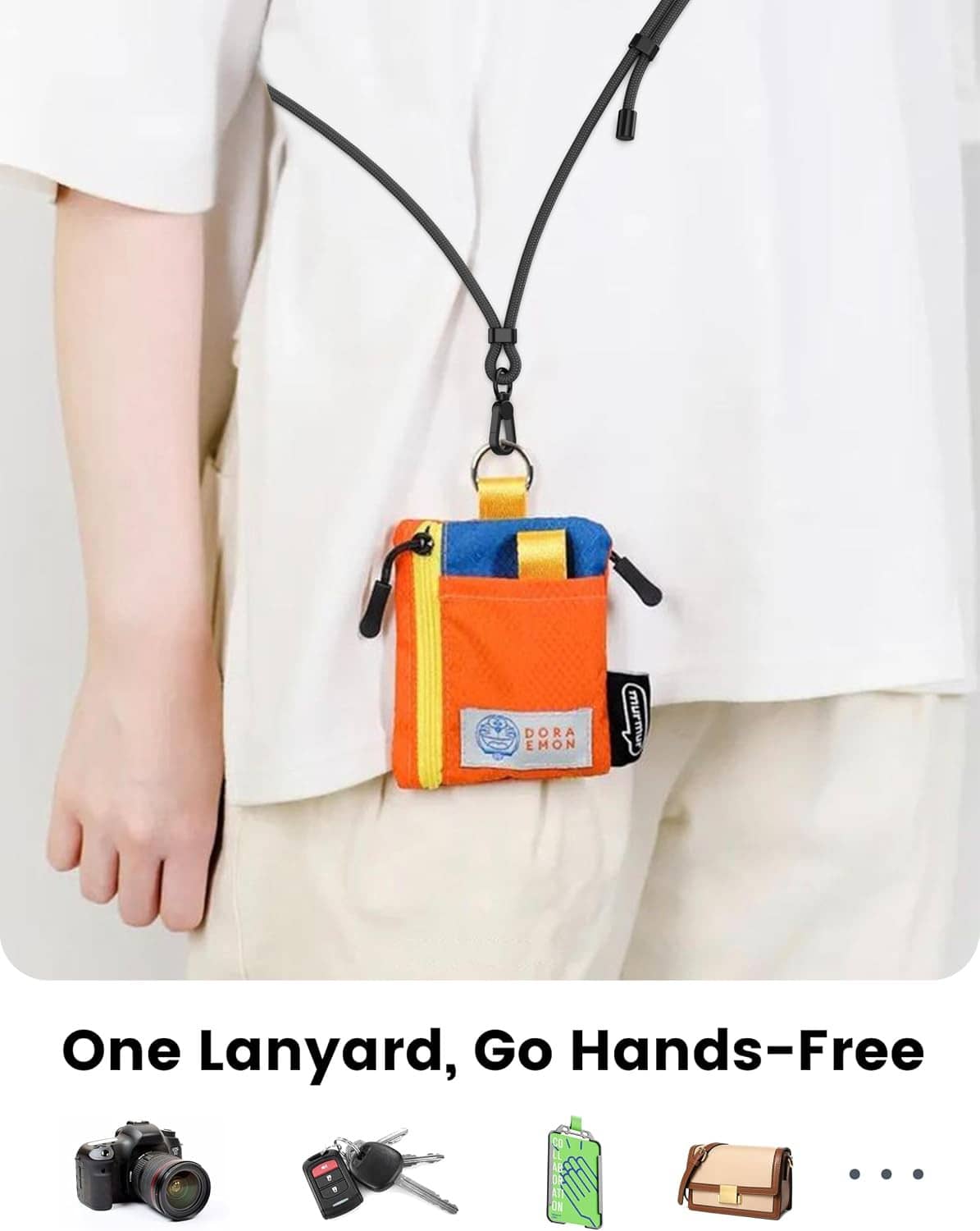 Black adjustable phone lanyard holding a small pouch using clips, hands-free wear