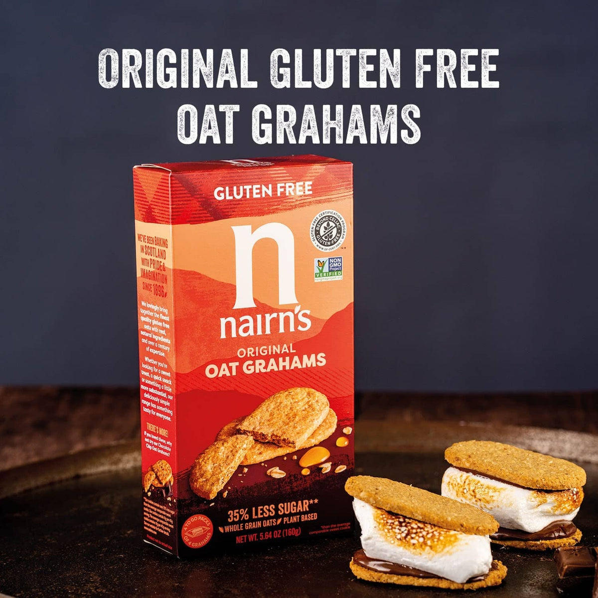 Nairn's original gluten-free oat grahams box with snack crackers stacked on table