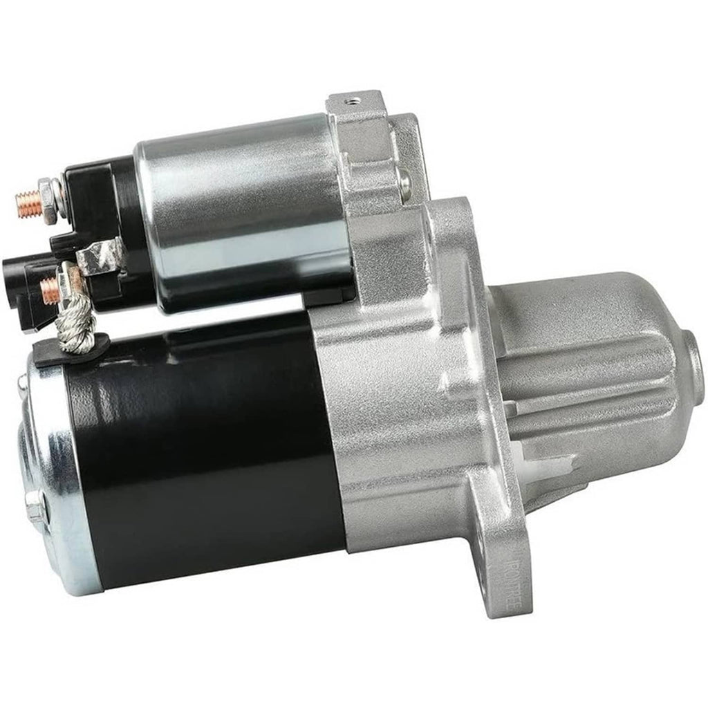 Starter motor with silver end cap and black cylinder body, side angle view.