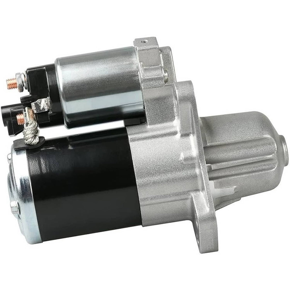 Starter motor with silver end cap and black cylinder body, side angle view.
