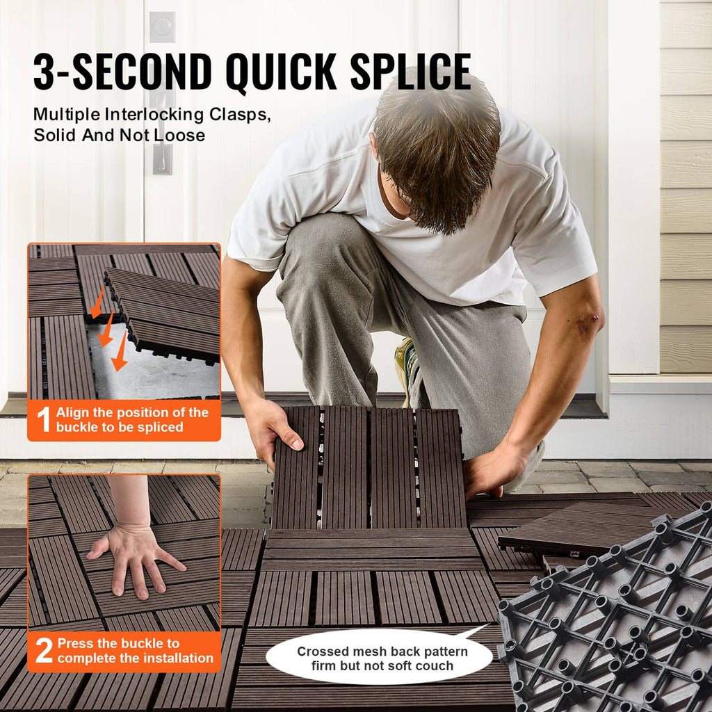 Interlocking deck tiles with snap-clip connectors, dark brown wood-grain squares