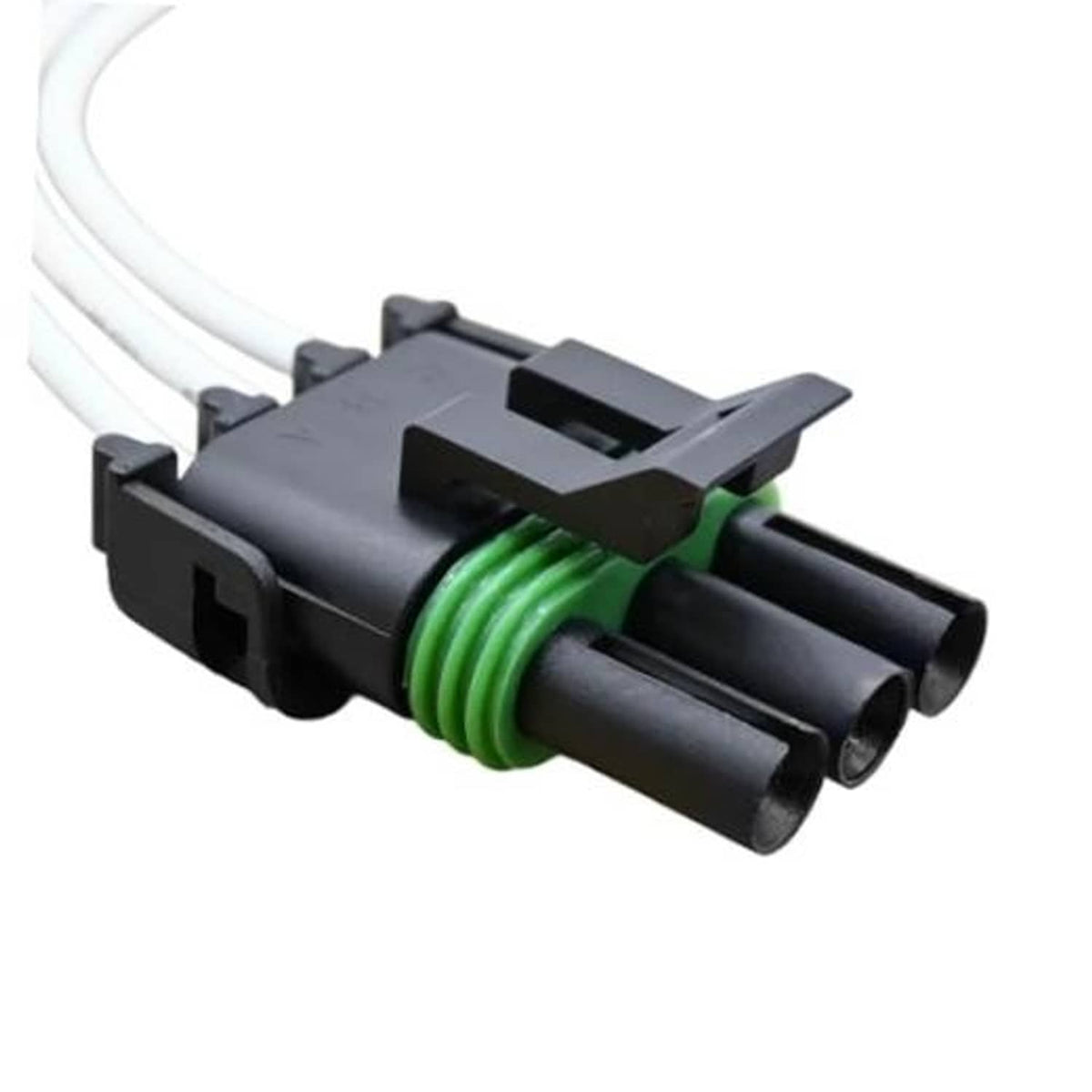 Throttle position sensor connector pigtail with black housing and green wire boot