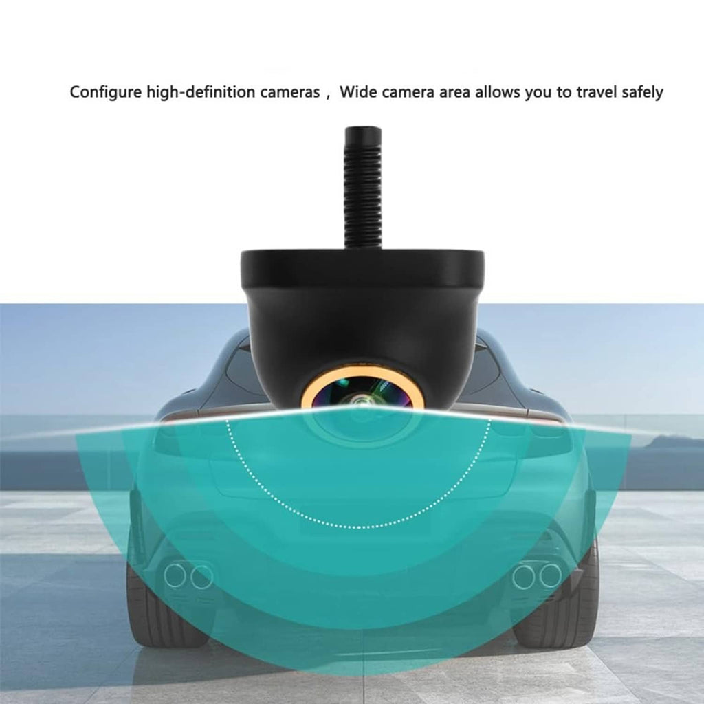Black dome backup camera with rainbow lens ring shown over vehicle front area