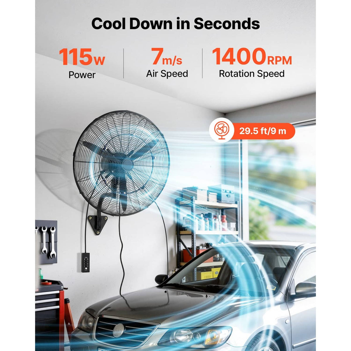 Wall-mounted oscillating mist fan with visible mist airflow, black grille and blades