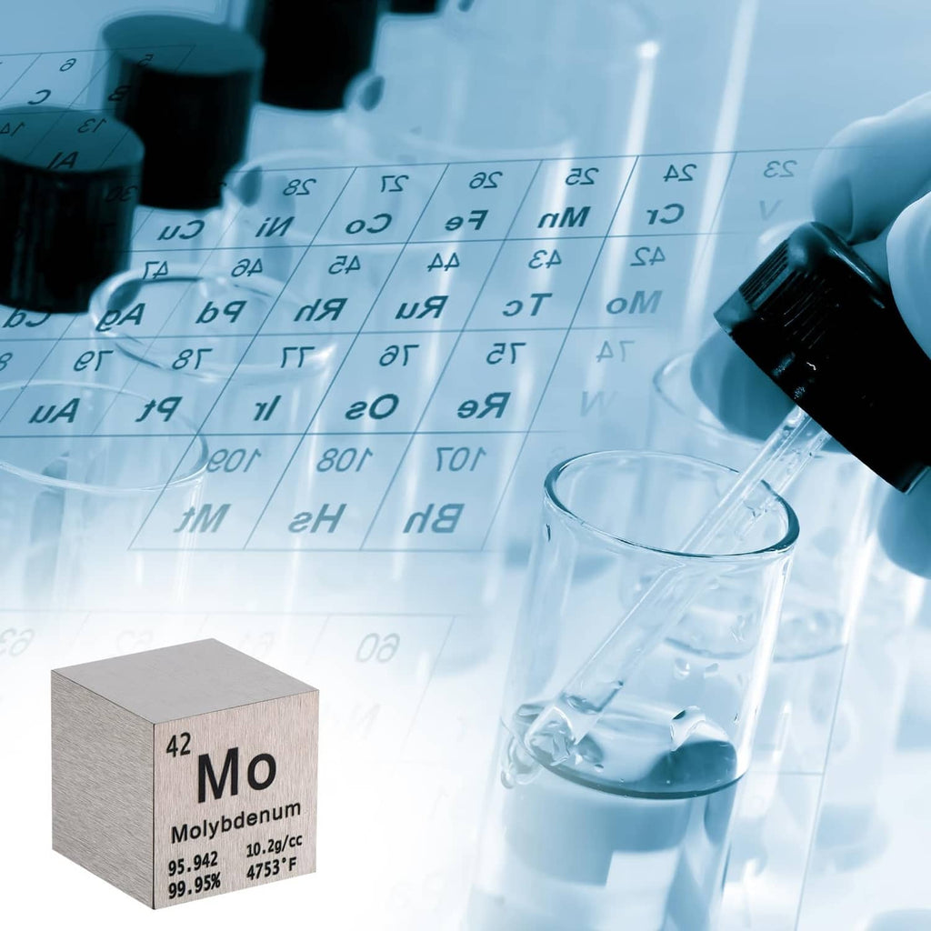 Silver-toned molybdenum cube with Mo symbol near lab beakers and periodic table charts