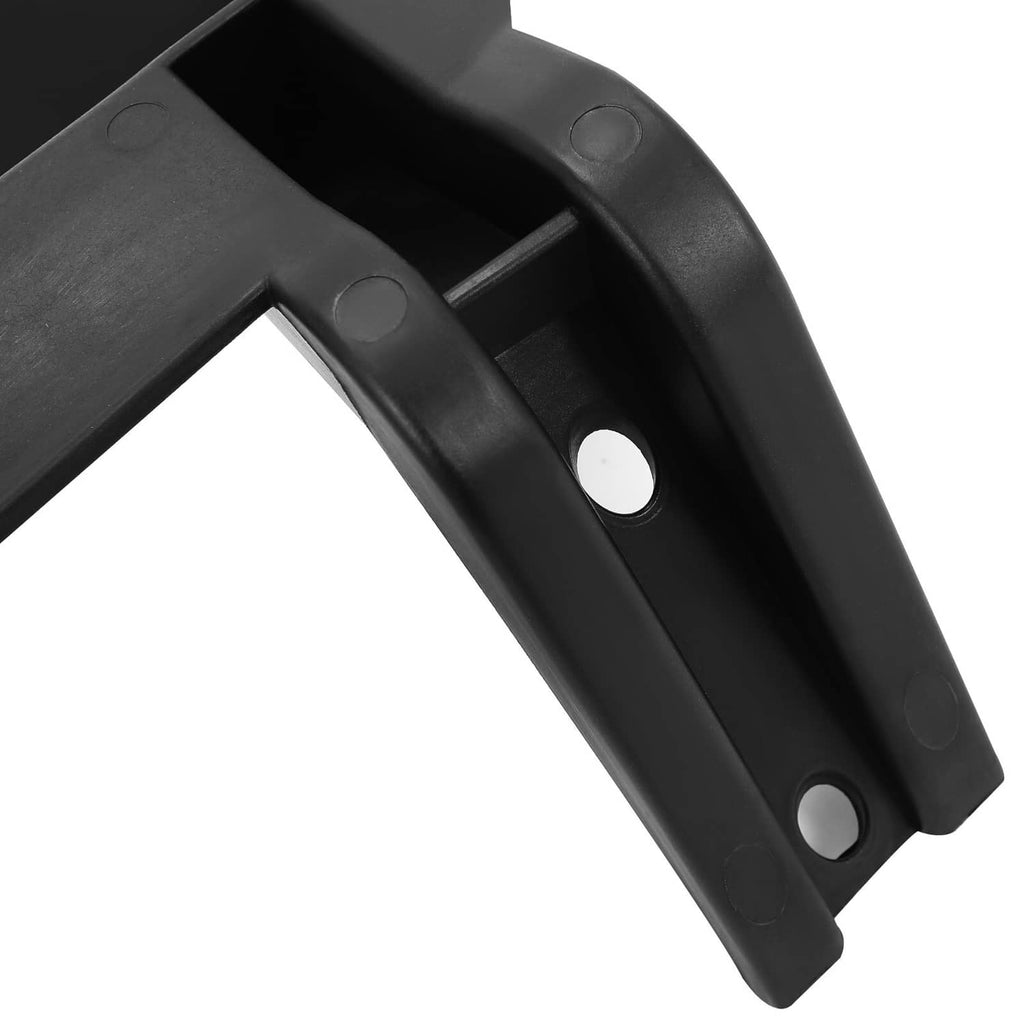 Close-up of black plastic armrest bracket with screw holes and textured finish