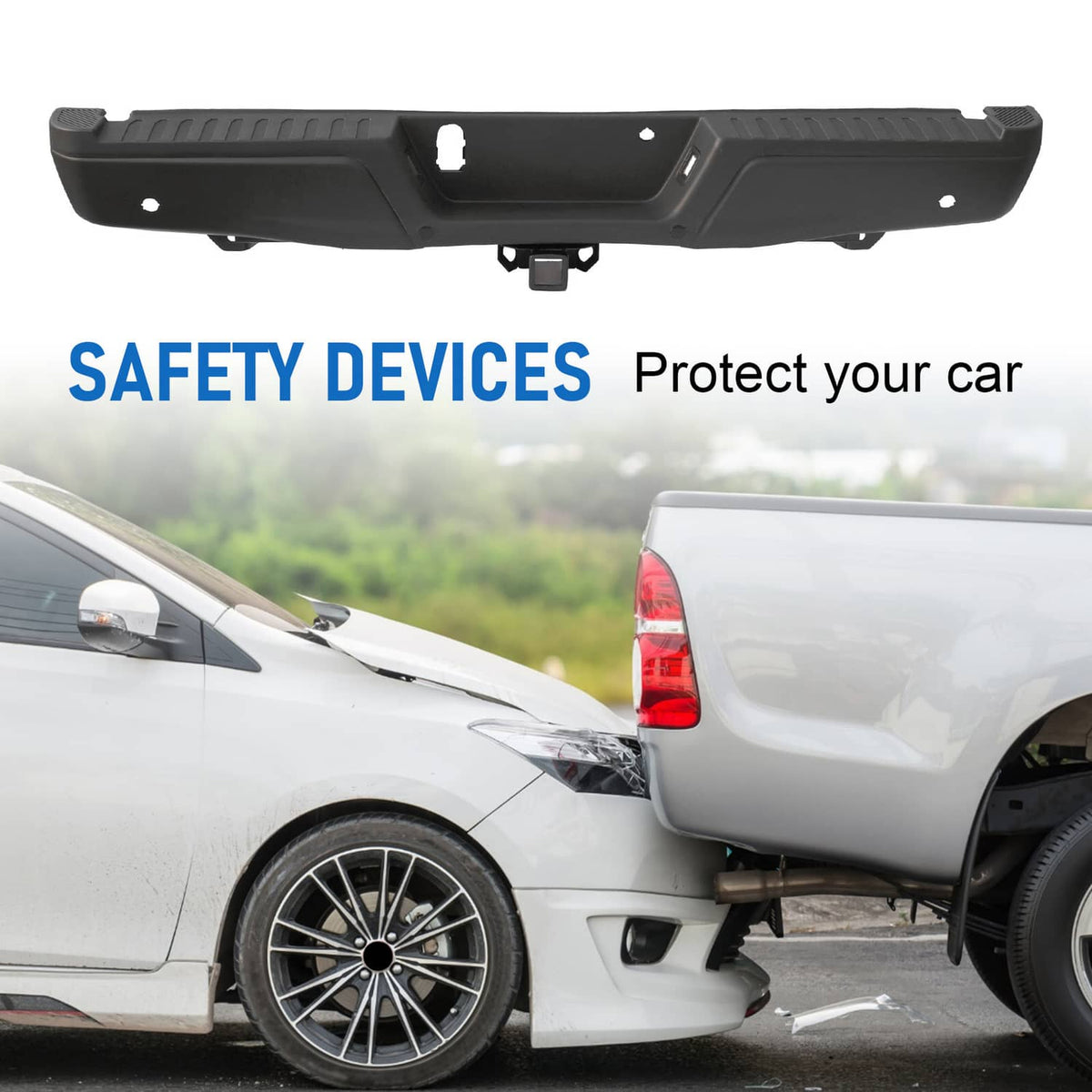 Black rear step bumper assembly with hitch receiver mount and sensor-hole locations